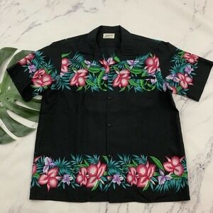 Helenas Mens Vintage Hawaiian Shirt Size L Black Pink Orchid Floral Tropical